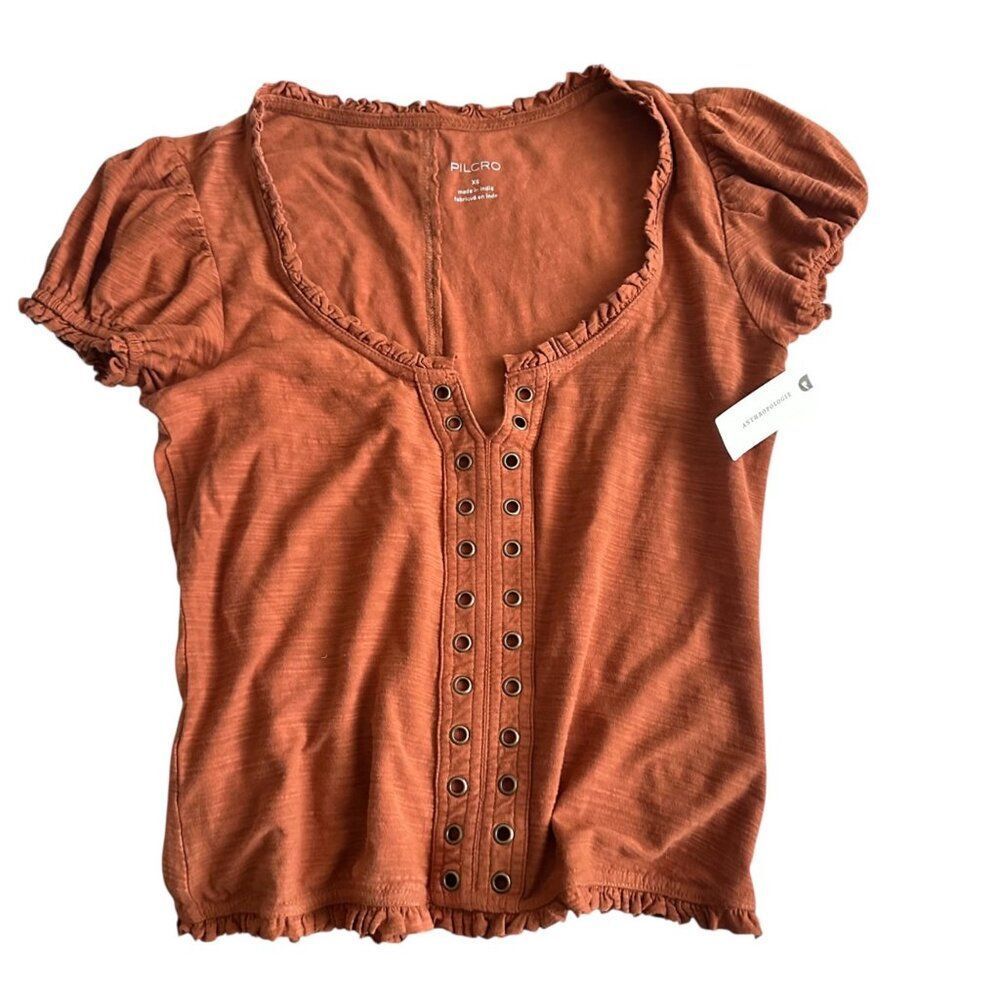 Anthropologie Pilcro Puff Sleeve Grommet Top XS Mango Cotton Boho Blouse Women - Picture 3 of 10